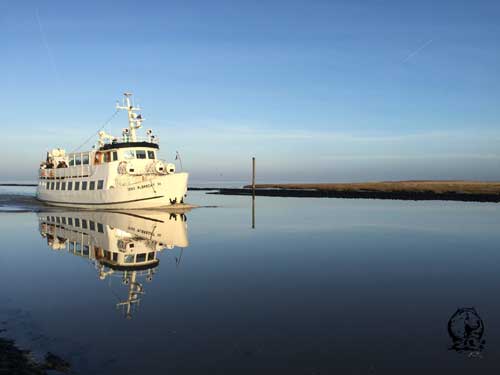 Fähre fährt in den Hafen. Das Wasser ist spiegelglatt, es ist windstill. 